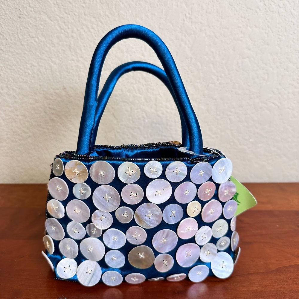 Raw silk Mother of pearl button handbag NWT